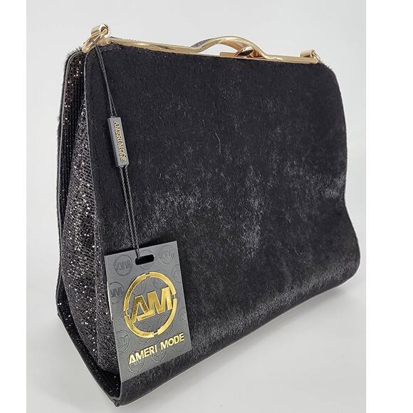 Ameri Mode Black Faux Fur & Glitter Convertible Purse Women’s One Size - Picture 3 of 15